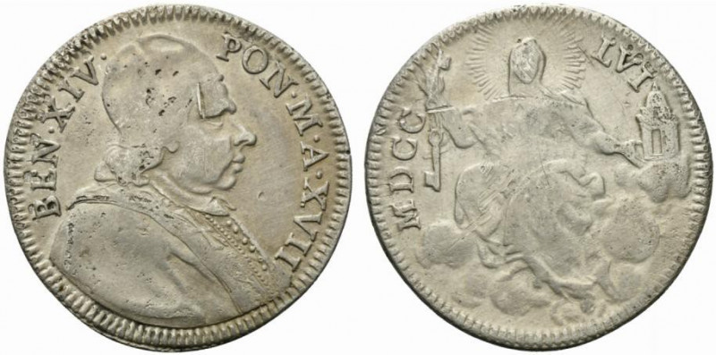 ROMA. Benedetto XIV (1740-1758) Quinto di scudo 1756/ XVII (g. 5,1). Busto a ds....