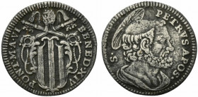 ROMA. Benedetto XIV (1740-1758) Grosso A/ VI (g. 1,21). BENED XIV PONT M A VI, Stemma sormontato da chiavi decussate e triregno R/ S PETRVS APOS, Bust...