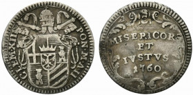 ROMA. Clemente XIII (1758-1769) Grosso 1760/ II (g. 1,18). CLEM XIII PON M A II, Stemma sormontato da chiavi decussate e triregno R/ MISERICORS/ ET/ I...