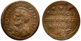 ROMA. Pio VI (1775.1799) 2 baiocchi e mezzo 1796 (g. 17,29). Busto di S. Pietro a sn. R/ BAIOCCHI/ DVE E MEZZO/ ROMANI/ 1796. Munt 100 CU - BB+