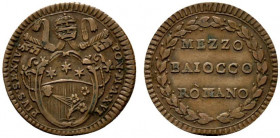 ROMA. Pio VI (1775.1799) Mezzo baiocco A/ XVI (g. 4,47). Stemma R/ MEZZO/ BAIOCCO/ ROMANO in ghirlanda. Munt. 138b CU - BB+