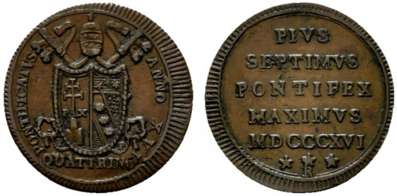 ROMA. Pio VII (1800-1823) Quattrino 1816/ XVI (3 tipo) (g. 2,48). PONTIFICATVS A...