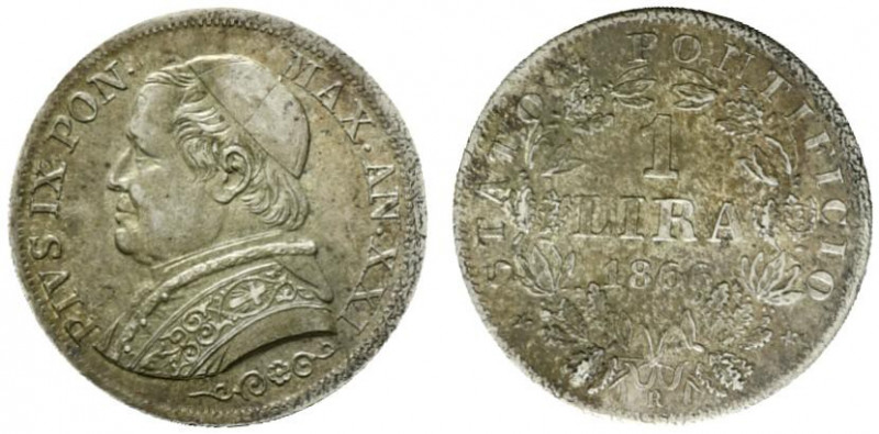 ROMA. Pio IX (1846-1878) 1 lira 1866/ XXI (g. 5,02). PIVS IX PON MAX AN XXI. Bus...