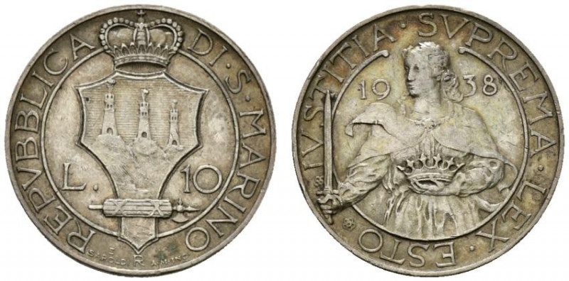 SAN MARINO. Vecchia monetazione (1864-1938) 10 lire 1938 (g. 9,99). Stemma polig...