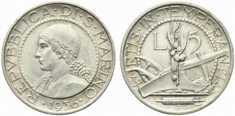 SAN MARINO. Vecchia monetazione (1864-1938) 5 lire 1937 (g. 5,01). Busto muliebr...