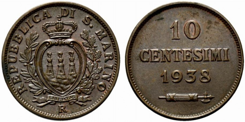 SAN MARINO. Vecchia monetazione (1864-1938) 10 centesimi 1938 (g. 5,35). Stemma ...