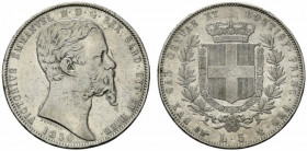 Vittorio Emanuele II, Re di Sardegna (1849-1861) 5 lire 1850 T. AG Pag. 371; Mont. 40 RR - qBB