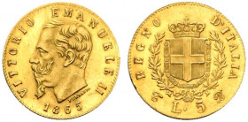 Vittorio Emanuele II, Re d’Italia (1861-1878) 5 Lire 1865 Torino. AG Pag. 480; Gig. 30. Molto Raro - SPL