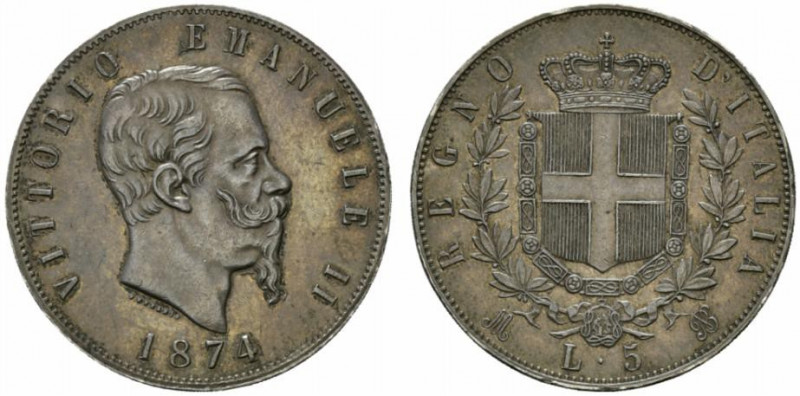 Vittorio Emanuele II, Re d’Italia (1861-1878) 5 Lire 1874 Milano. Pag. 498; Gig....