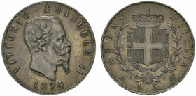Vittorio Emanuele II, Re d’Italia (1861-1878) 5 Lire 1874 Milano. Pag. 498; Gig.. 182 colpetti AG - qSPL