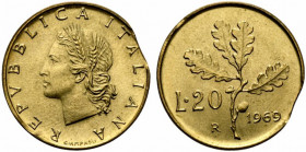 REPUBBLICA ITALIANA (monetazione in lire) (1946-2001) 20 Lire 1969. Tondello tranciato in basso a ds. RRR - FDC