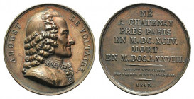 Francia. Arouet De Voltaire (1694-1778) AE Medaglia 1817 (opus: F. CAUNOIS) (41mm) AROUET DE VOLTAIRE, Bust di Voltaire volto a ds.; sotto il taglio, ...
