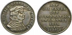 Svizzera. Zurich. Huldrych Zwingli (1484-1531) AR Medaglia 1819 (21mm, 3,9g) per i 300 anni dalla riforma a Zurigo Busto di Urich Zwingli a ds. R/ Scr...