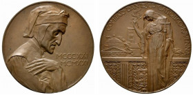 RAVENNA. Medaglia per il 600° anniversario della morte di Dante (1921) (mm. 43) Busto di profilo del Poeta in religioso raccoglimento con le mani racc...