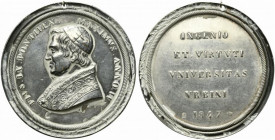 URBINO. Pio IX (1846-1878) Medaglia 1847/ II con bordo profilato (mm 50) PIO IX PONTIFEX MAXIMVS ANNO II Busto a sn. con zucchetto, mozzetta e piviale...
