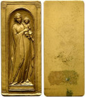 Placchetta uniface (opus: E. Manfrini) (mm. 34x79) La B. Vergine stante con Bimbo. AE dorato - qFDC