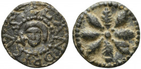 ITALIA MERIDIONALE. Tessera plumbea medievale. (g. 5,96) (mm. 20)  LANDRICVS, Testa frontale con copricapo; a sinistra, croce R/ Ghirlanda ad otto ele...