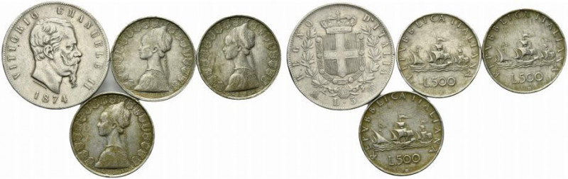 Lotto di 4 monete: 5 lire vittorio Emanuele II 1874 M e 3 monete da 500 lire in ...