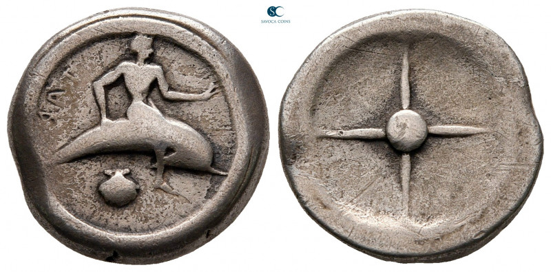 Calabria. Tarentum circa 480-470 BC. 
Didrachm AR

18 mm, 7,48 g

TAPAΣ (re...