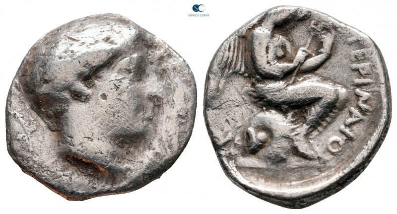 Bruttium. Terina circa 425-420 BC. 
Nomos AR

20 mm, 7,46 g

Head of the ny...