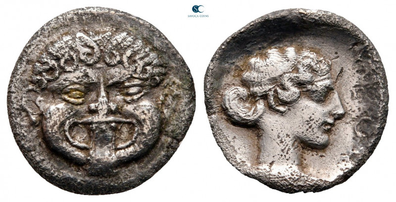 Macedon. Neapolis circa 375-350 BC. 
Hemidrachm AR

14 mm, 1,64 g

Facing g...