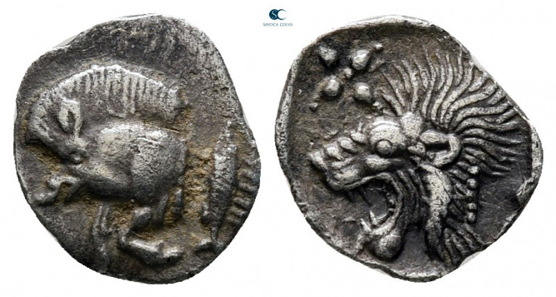 Mysia. Kyzikos circa 480-450 BC. 
Hemiobol AR

8 mm, 0,37 g

Forepart of bo...