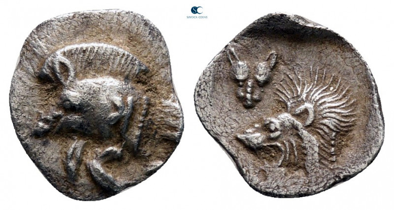 Mysia. Kyzikos circa 480-450 BC. 
Hemiobol AR

8 mm, 0,39 g

Forepart of bo...