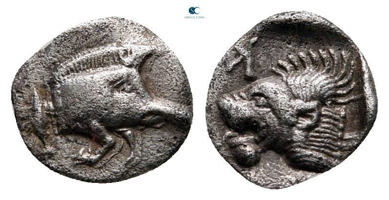 Mysia. Kyzikos circa 480-450 BC. 
Hemiobol AR

8 mm, 0,34 g

Forepart of bo...