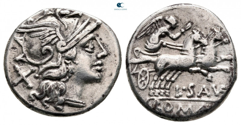 L. Saufeius 152 BC. Rome
Denarius AR

18 mm, 3,52 g

Helmeted head of Roma ...