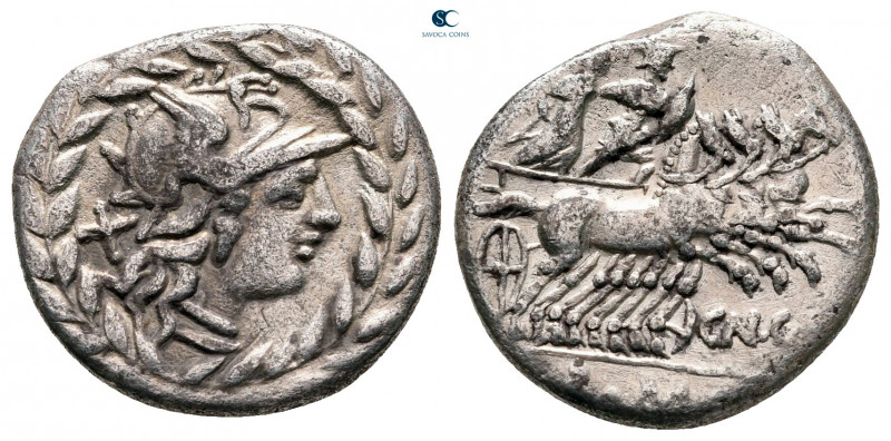 Cn. Gellius 138 BC. Rome
Denarius AR

19 mm, 3,73 g

Helmeted head of Roma ...