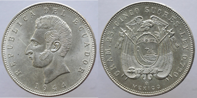 Monete Estere. Ecuador. Repubblica. 5 Sucres 1944. Ag. Zecca di Citta del Messic...