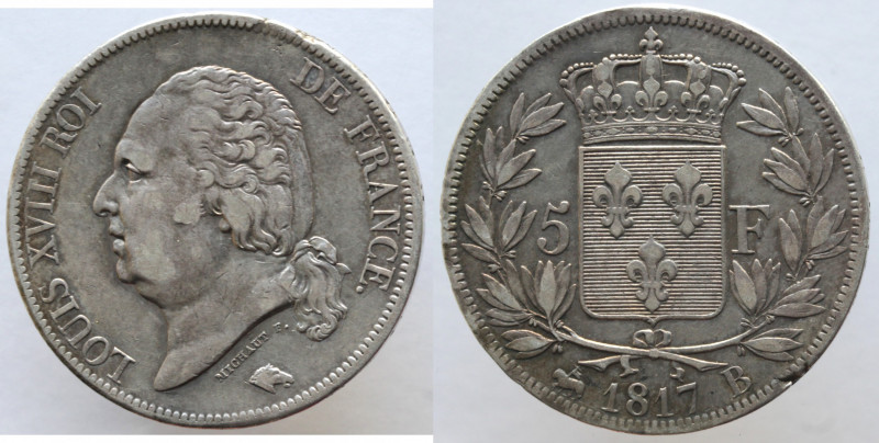 Monete Estere. Francia. Luigi XVIII. 1814-1824. 5 franchi 1817 B. Zecca di Rouen...