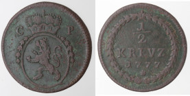 Germania-Pfalz. Karl Theodor. Principe Elettore. 1742-1799. 1/2 Kreutzer 1777. Ae.
