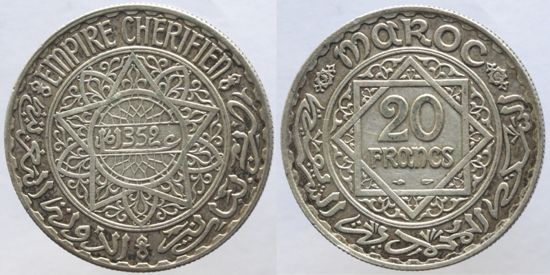 Monete Estere. Marocco. Mohammed V. 1927-1953. 20 franchi 1933. Ag. Y # 39. Peso...