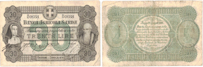 Banconote. Banca Agricola Sarda. 30 Lire. Decreto 01 Gennaio 1878. qBB. Strappet...