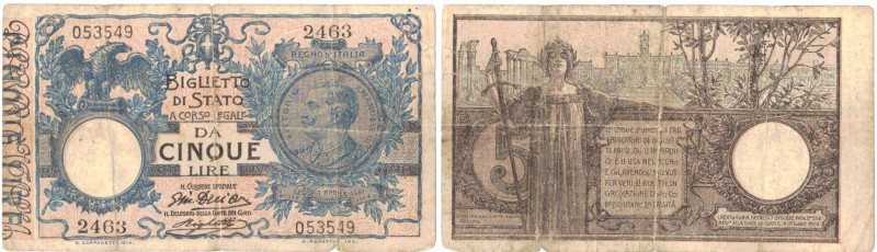 Banconote. Regno D'Italia. 5 Lire. 17/06/1915. Gig. BS 12d. MB. Pieghe. Strappet...