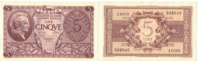 Banconote. Regno D'italia. 5 lire Atena Elmata. 23/11/1944.