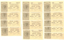 Banconote. Regno d'Italia. Luogotenenza. Lotto di 13 banconote consecutive da 2 lire. Dec. Min. 23-11-1944.