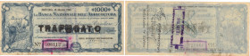 Banconote. Banca nazionale dell'Agricoltura. Assegno taglio fisso. 1.000 Lire 1945. BB. Sovrastampato. Circolato come cartamoneta.