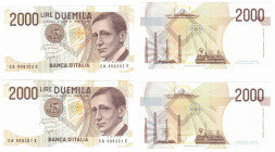 Banconote. Repubblica Italiana. 2.000 Lire Guglielmo Marconi. Lotto di 2 pezzi consecutivi. Dec. Min. 20-10-1990.