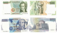 Banconote. Repubblica Italiana. Lotto di 2 banconote. 10.000 Lire Alessandro Volta e 5.000 Lire Bellini.