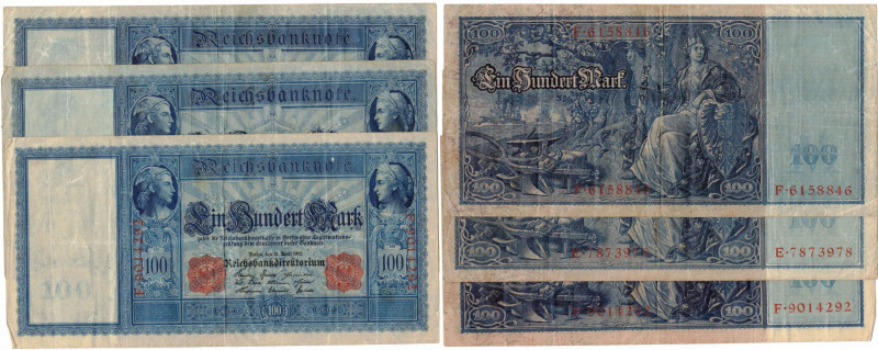 Banconote. Estere. Germania. Lotto di 3 pezzi da 100 Reichmark 1910. Mediamente ...