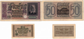 Banconote. Estere. Germania. Seconda guerra mondiale. Biglietti circolanti in Italia. 50 Reichmarks e 1 Reichmark. Mediamente MB+. Tagli e pieghe.