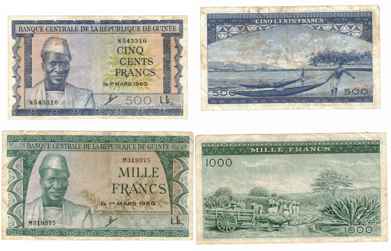 Banconote. Estere. Guinea. Lotto di 2 pezzi, 1000 e 500 Franchi 1960. Mediamente...