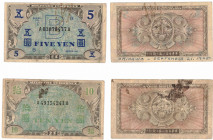 Banconote. Estere. Korea. Occupazione. Seconda guerra mondiale. 5 + 10 Yuan. MB. Strappetti e scritte.