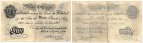 Banconote. Estere. Inghilterra. 5 Sterline 1938. BB. Interessante Falso d'epoca. Strappi, scritta e fori di spillo.