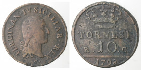 Napoli. Ferdinando IV. 1759-1799. 10 Tornesi 1798. Doppio punto. Ae.