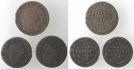 Napoli. Ferdinando IV. 1759-1799. Lotto di 3 monete. Pubblica 1791 (NC), 1 Grano 12 Cavalli 1790 C C (RARO) e 1 Grano 12 Cavalli 1791 A P. Ae.
