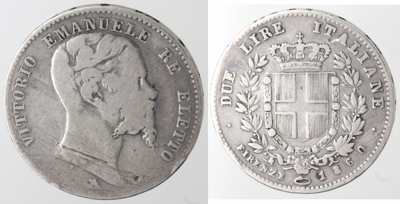 Casa Savoia. Vittorio Emanuele II. Re Eletto. 1859-1861. 2 lire 1860 Firenze. Ag...