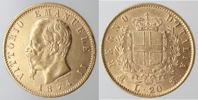 Casa Savoia. Vittorio Emanuele II. 1861-1878. 20 lire 1874 Milano. Au. Nom. 863....